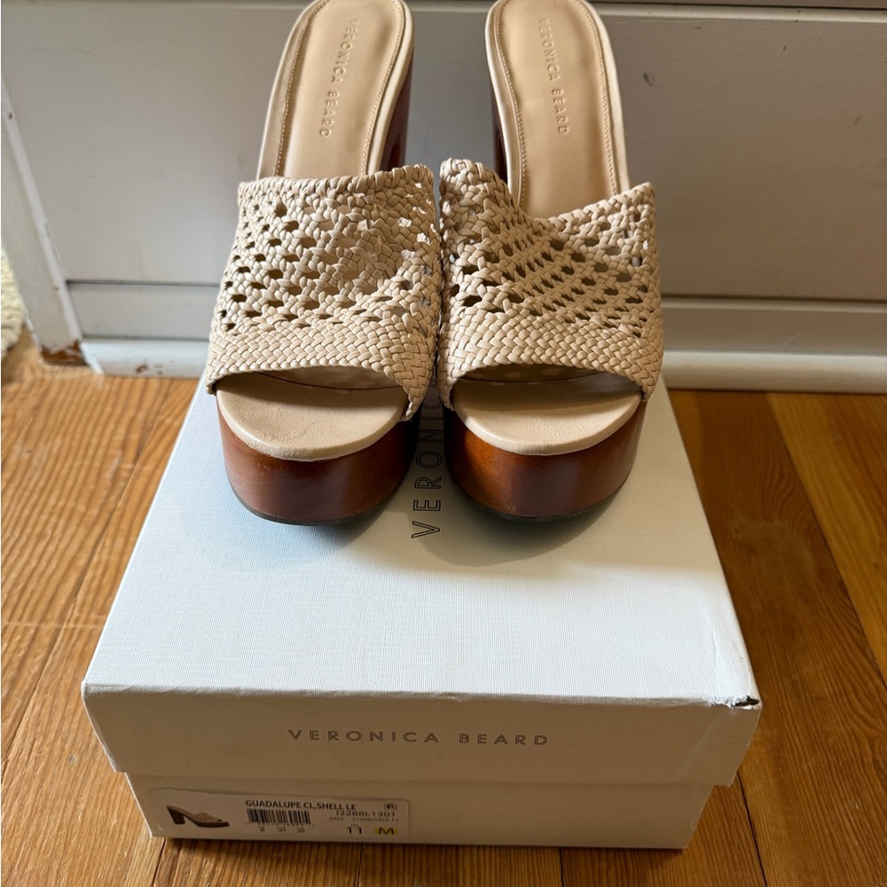 Veronica Beard Tan Woven Platform Mules